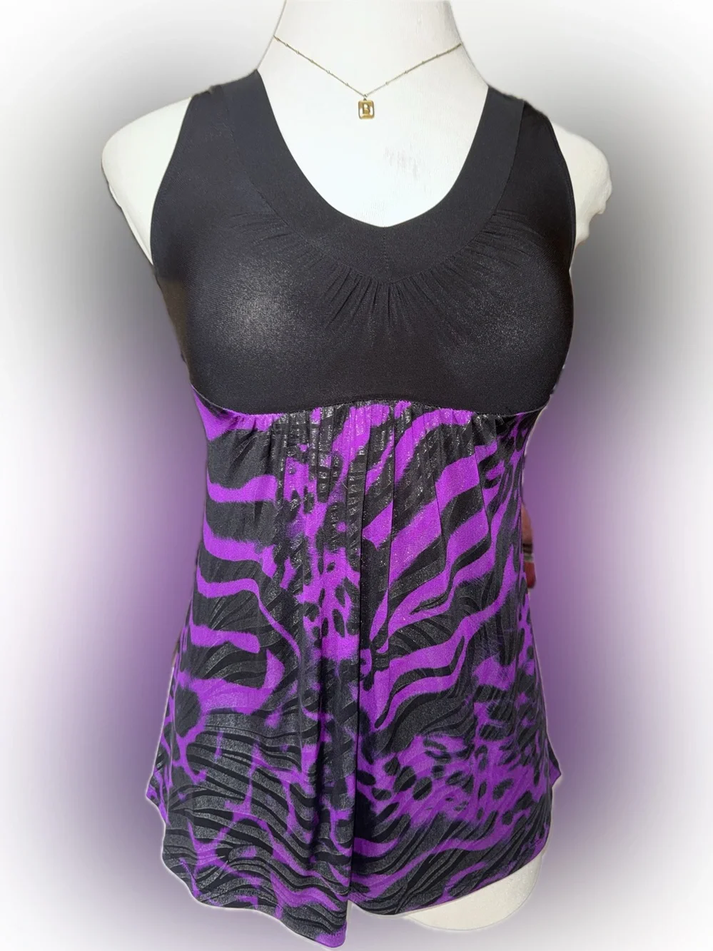 Vintage Chocolatte Black Dresstop with Purple Zebra Print size Small